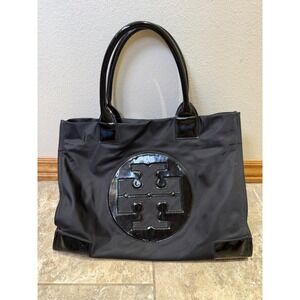 Tory Burch Black Nylon Tote Bag with Patent Leather Trim and Logo